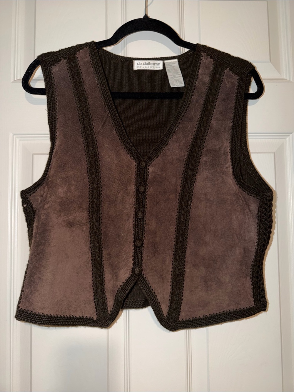 Liz Claiborne Vintage 100% Suede V-Neck Button Vest with Wool Blend Solid Back